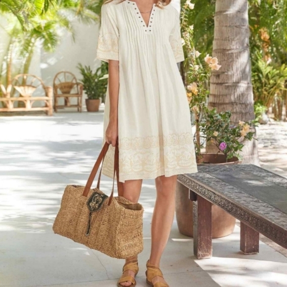 Sundance Cream Nicolette Sweet Cotton Dress V Neck Embroidery Short Sleeve - Picture 8 of 8